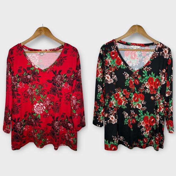 The Pioneer Woman Tops - 2 Pioneer Woman Bold Floral V Neck‎ Soft Red Black Country Floral Tops Shirts 3X